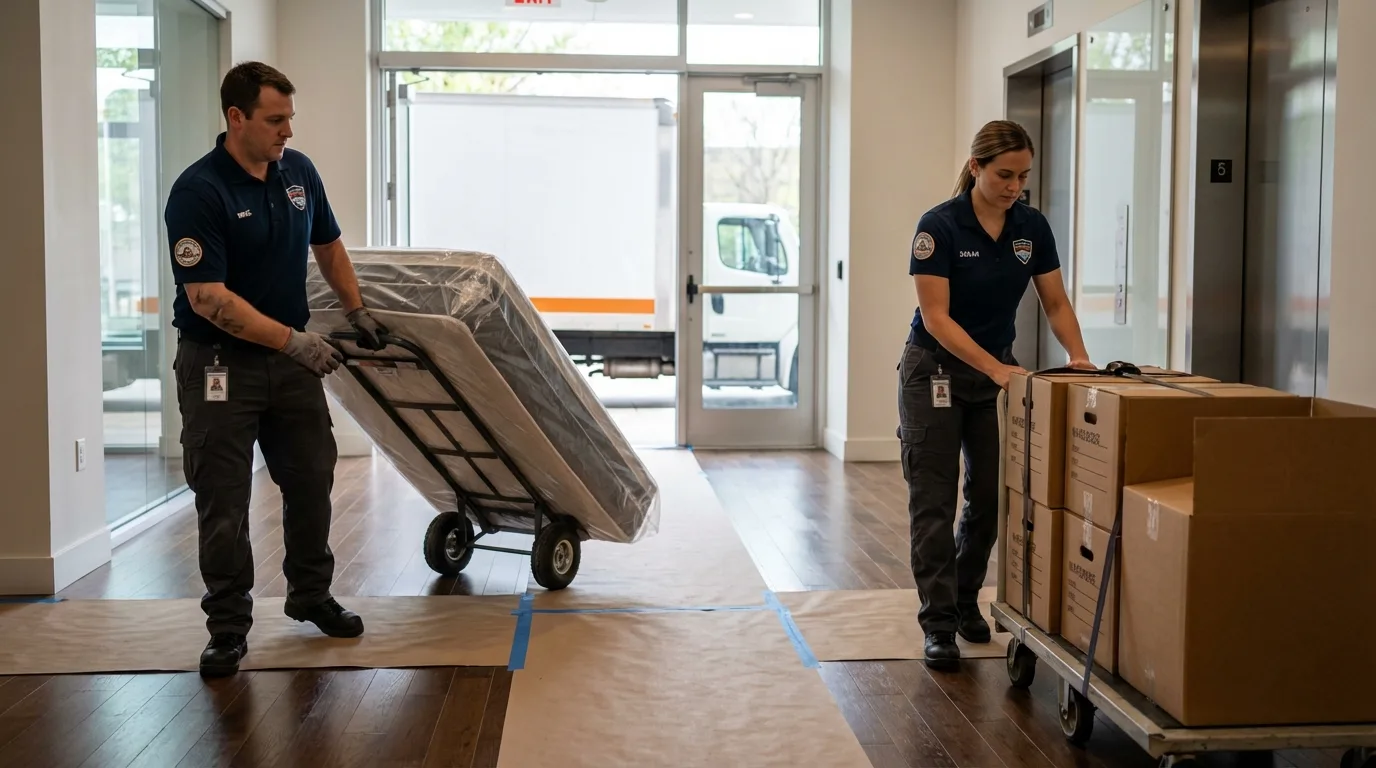 Professional apartment movers loading elevator in Hephzibah, GA