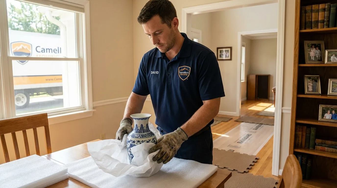 Professional crew carefully wrapping antique vase for senior downsizing move in Hephzibah, GA